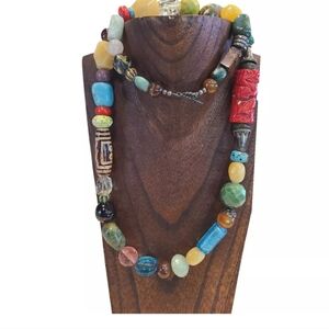 Chunky Semi Precious Stone Necklace Multi Color Large Beads Metal 33 Inch